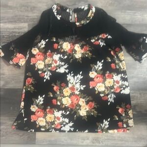 Floral Black Dress with Red and Yellow Accents